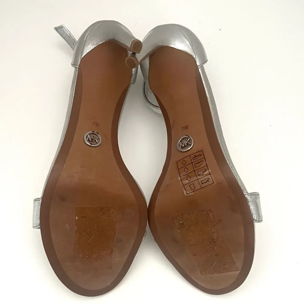 Michael Kors Paris Leather Stiletto‎ Heels Womens 7 Silver Metallic Bow Designer
